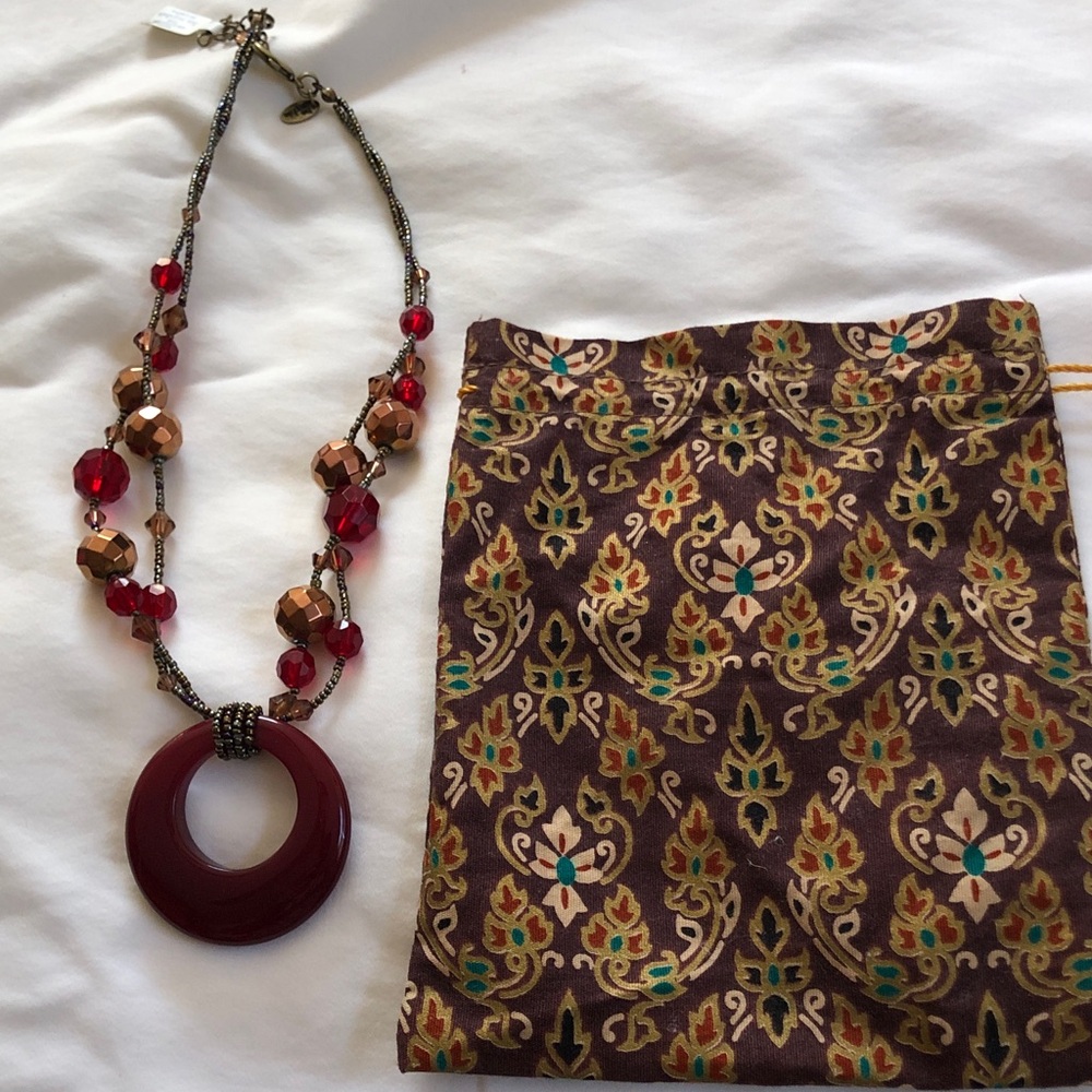 Red and Bronze Beaded Circle Pendant Necklace - Women Jewelry